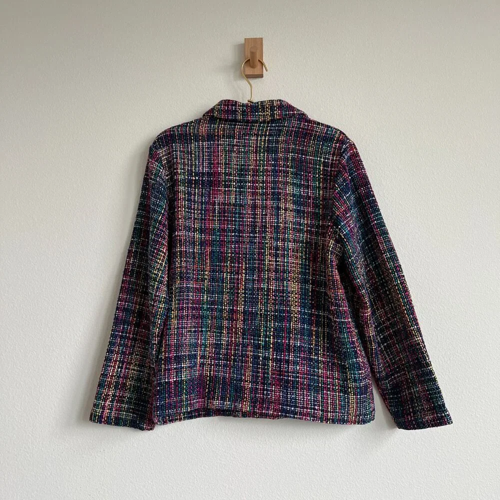 Vintage Chico's Design 100% Silk Boho Granny Chic Woven Tweed Rainbow Jacket
